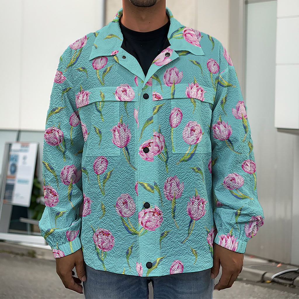 Pink Watercolor Tulip Pattern Print Men's Shirt Jacket