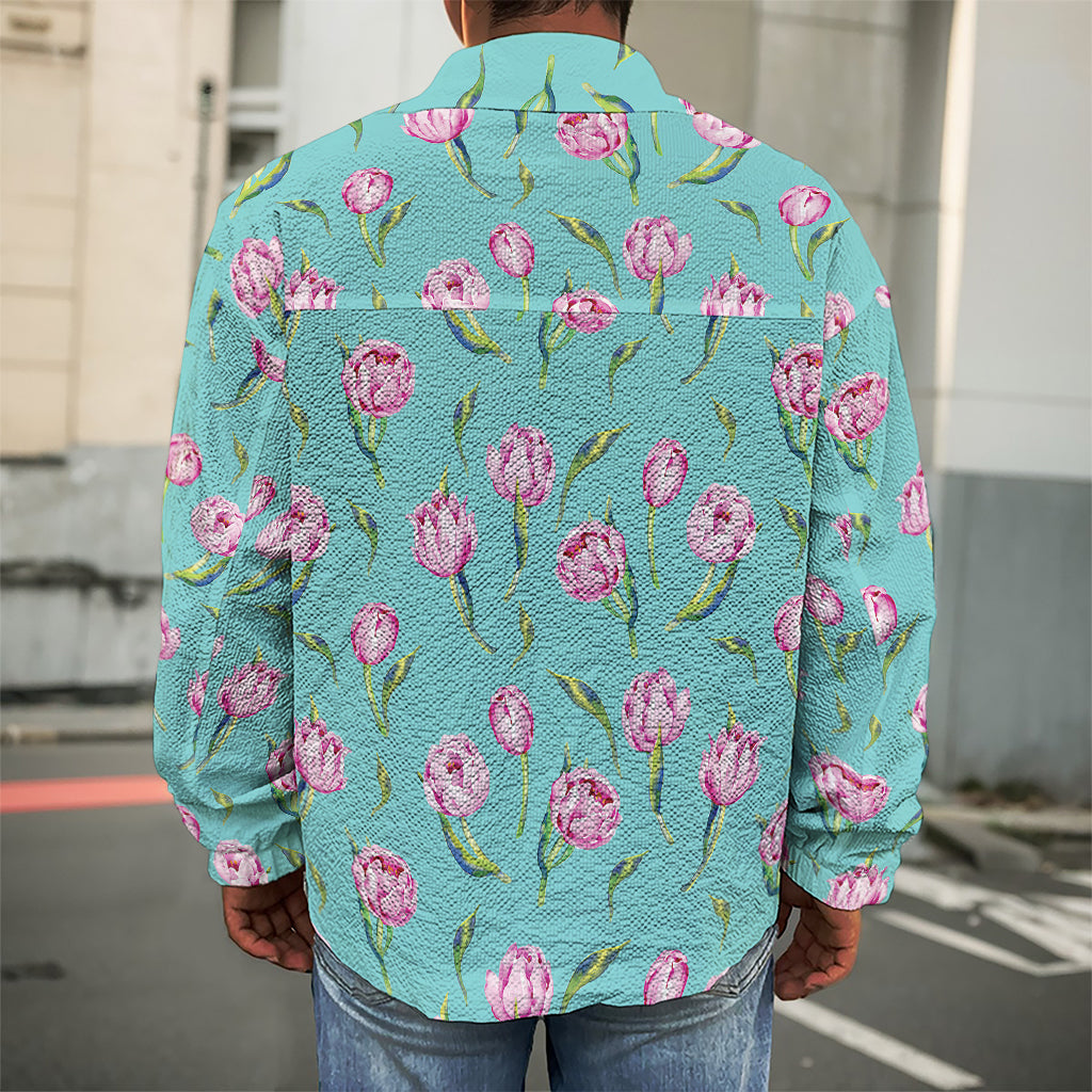 Pink Watercolor Tulip Pattern Print Men's Shirt Jacket