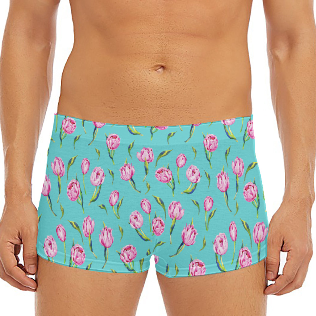 Pink Watercolor Tulip Pattern Print Men's Short Boxer Briefs