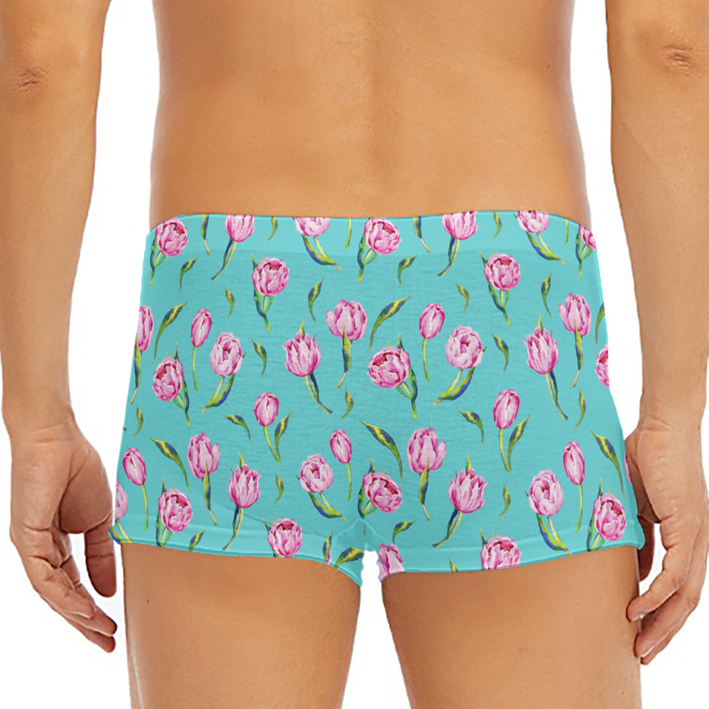 Pink Watercolor Tulip Pattern Print Men's Short Boxer Briefs