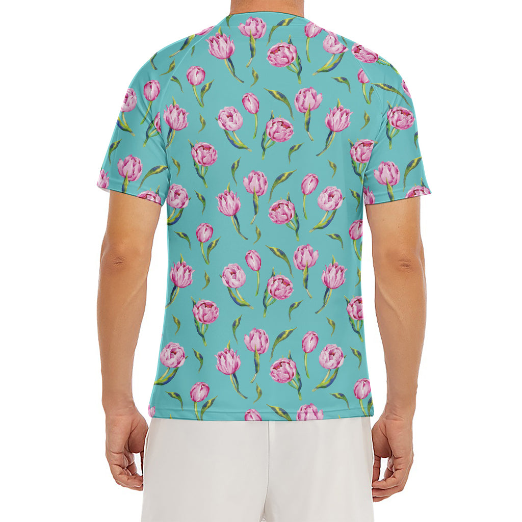 Pink Watercolor Tulip Pattern Print Men's Short Sleeve Rash Guard