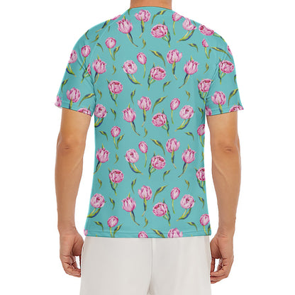 Pink Watercolor Tulip Pattern Print Men's Short Sleeve Rash Guard
