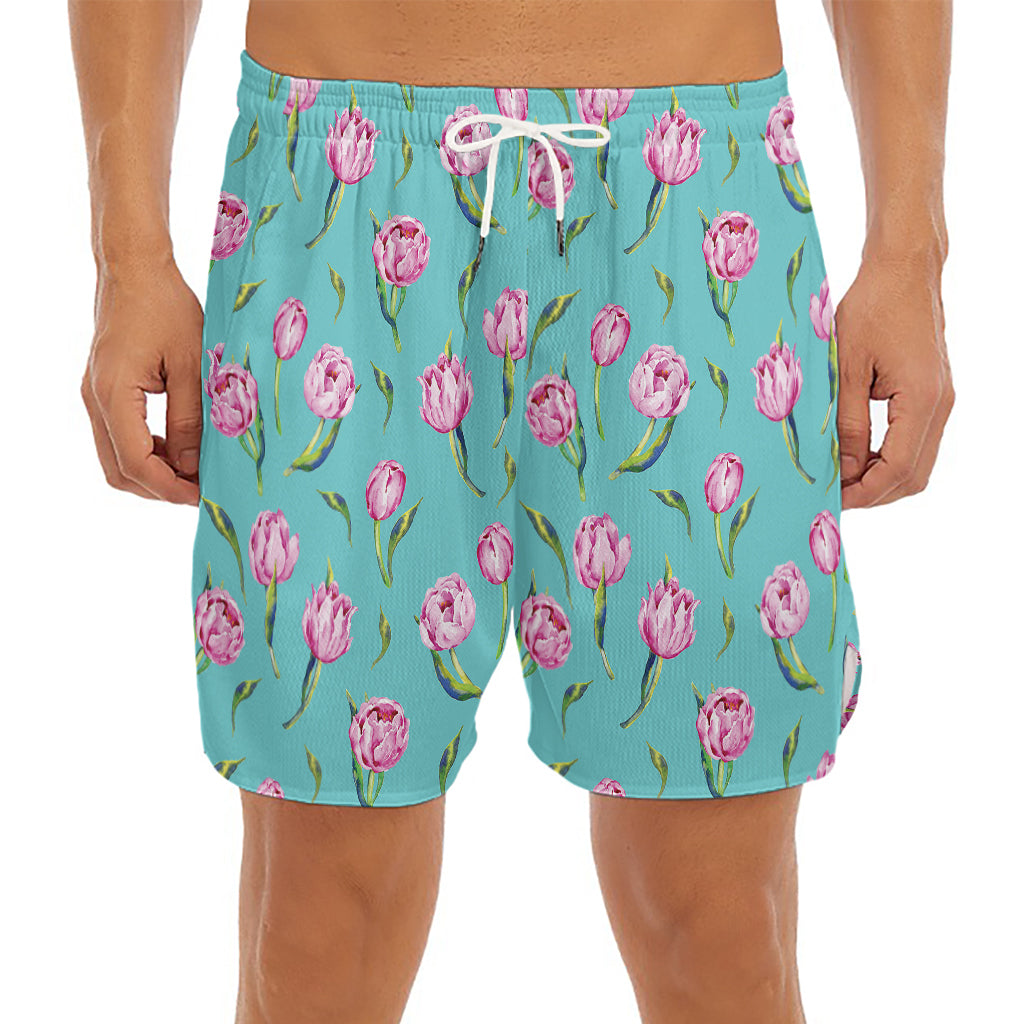 Pink Watercolor Tulip Pattern Print Men's Split Running Shorts
