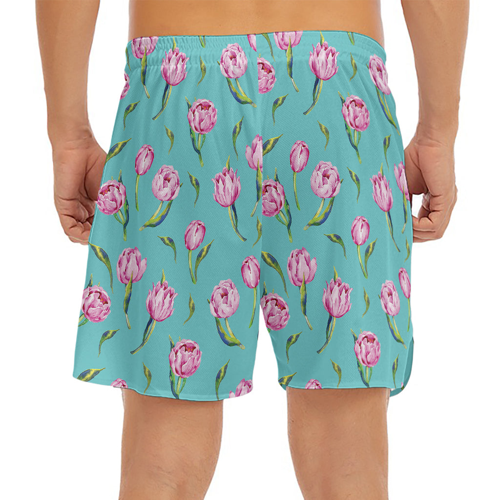 Pink Watercolor Tulip Pattern Print Men's Split Running Shorts