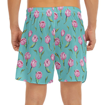 Pink Watercolor Tulip Pattern Print Men's Split Running Shorts