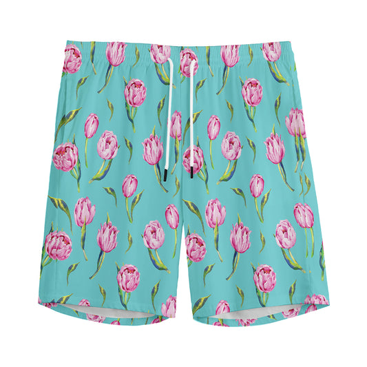 Pink Watercolor Tulip Pattern Print Men's Sports Shorts