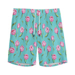 Pink Watercolor Tulip Pattern Print Men's Sports Shorts