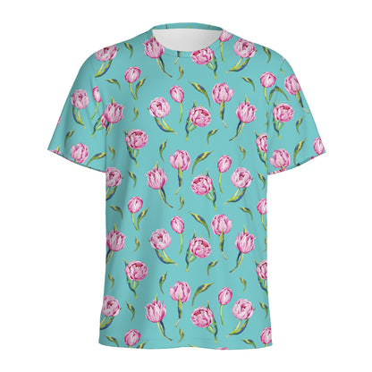 Pink Watercolor Tulip Pattern Print Men's Sports T-Shirt