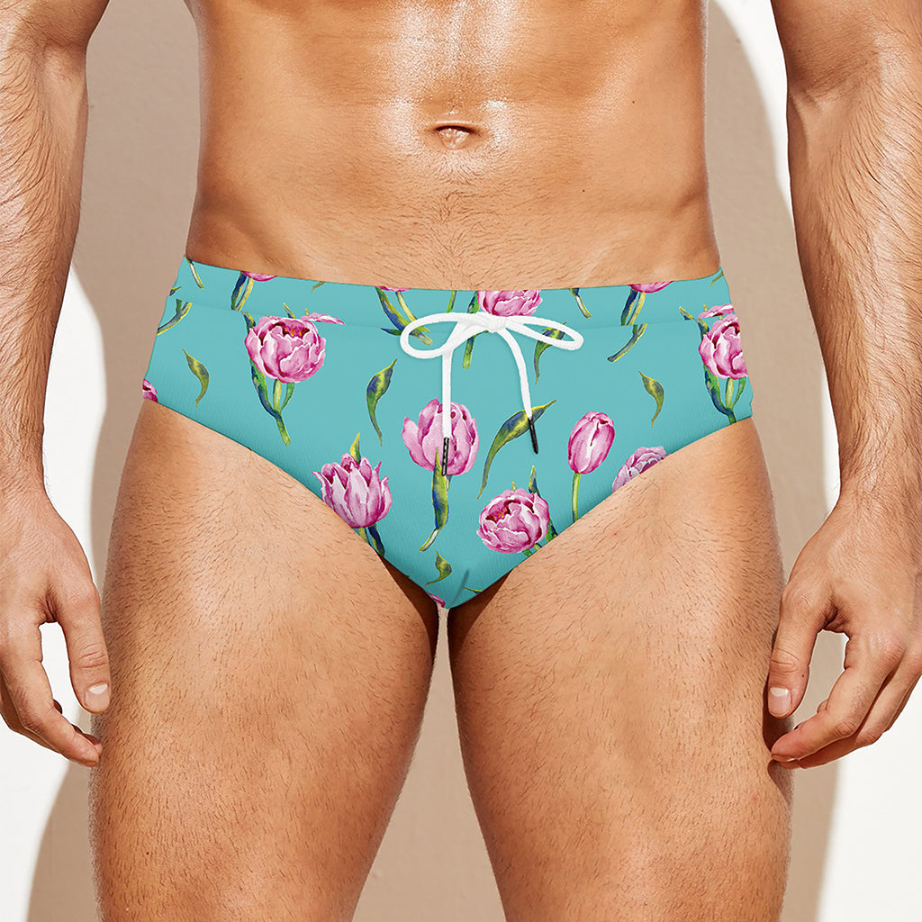 Pink Watercolor Tulip Pattern Print Men's Swim Briefs