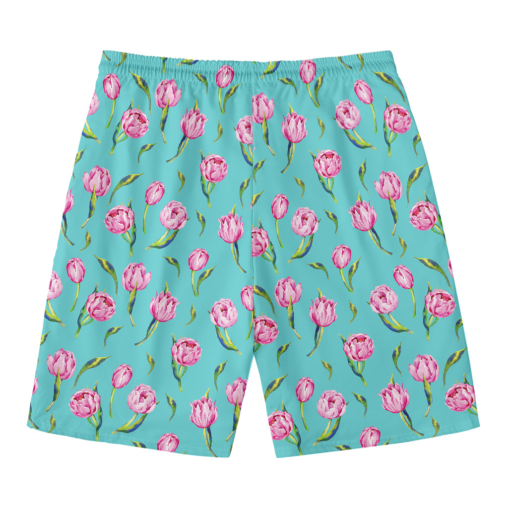 Pink Watercolor Tulip Pattern Print Men's Swim Trunks