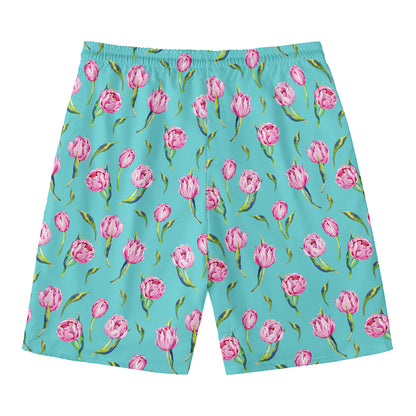 Pink Watercolor Tulip Pattern Print Men's Swim Trunks