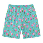 Pink Watercolor Tulip Pattern Print Men's Swim Trunks