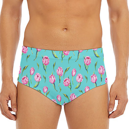 Pink Watercolor Tulip Pattern Print Men's Triangle Swim Briefs
