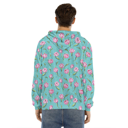 Pink Watercolor Tulip Pattern Print Men's Velvet Pullover Hoodie