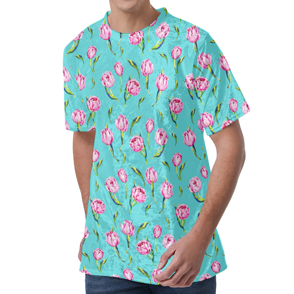 Pink Watercolor Tulip Pattern Print Men's Velvet T-Shirt