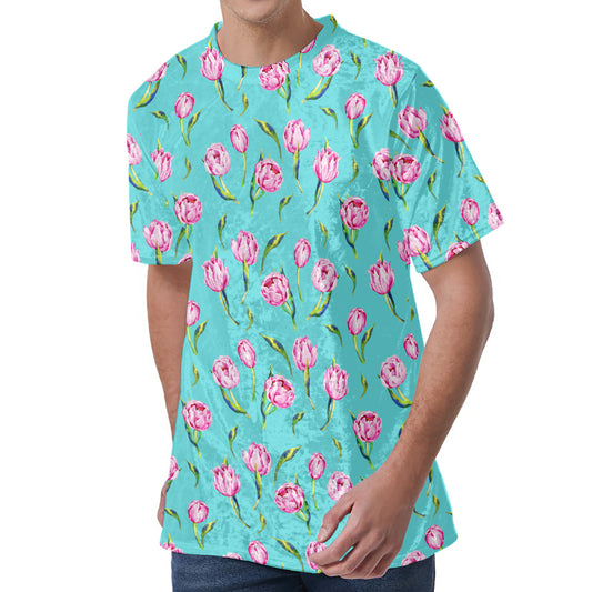 Pink Watercolor Tulip Pattern Print Men's Velvet T-Shirt
