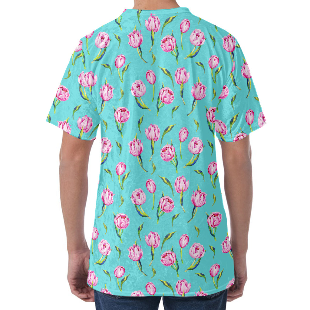 Pink Watercolor Tulip Pattern Print Men's Velvet T-Shirt
