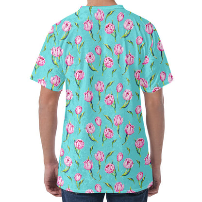 Pink Watercolor Tulip Pattern Print Men's Velvet T-Shirt