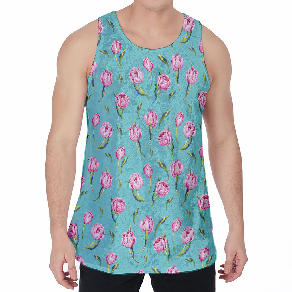 Pink Watercolor Tulip Pattern Print Men's Velvet Tank Top