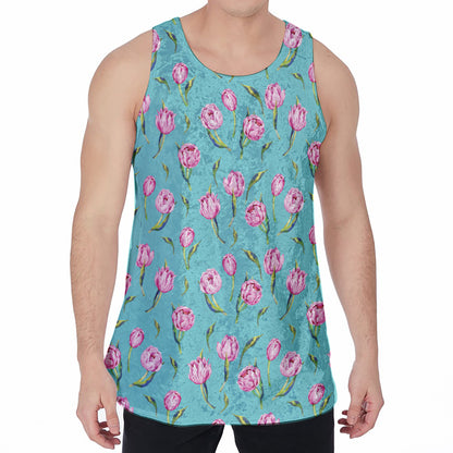 Pink Watercolor Tulip Pattern Print Men's Velvet Tank Top