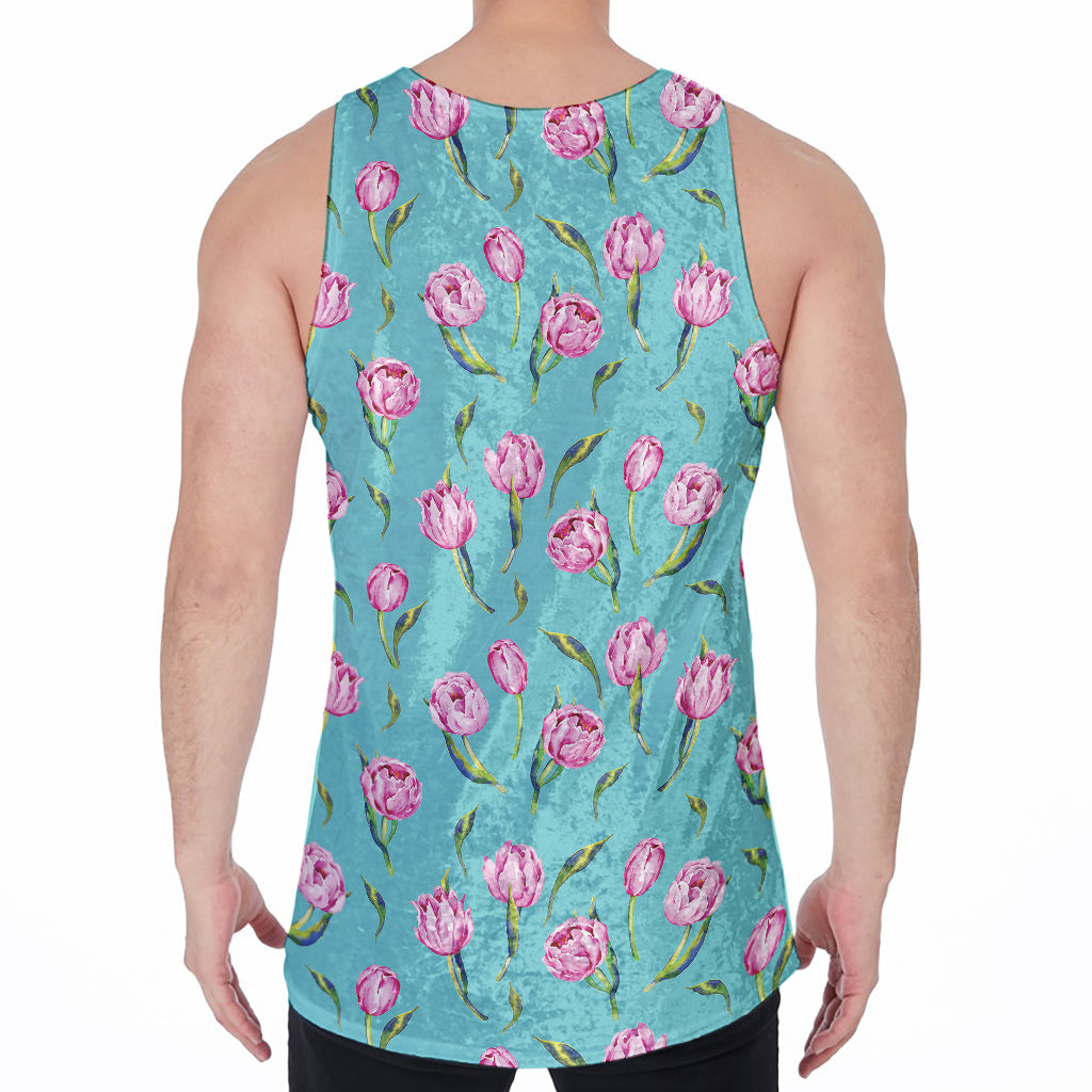 Pink Watercolor Tulip Pattern Print Men's Velvet Tank Top