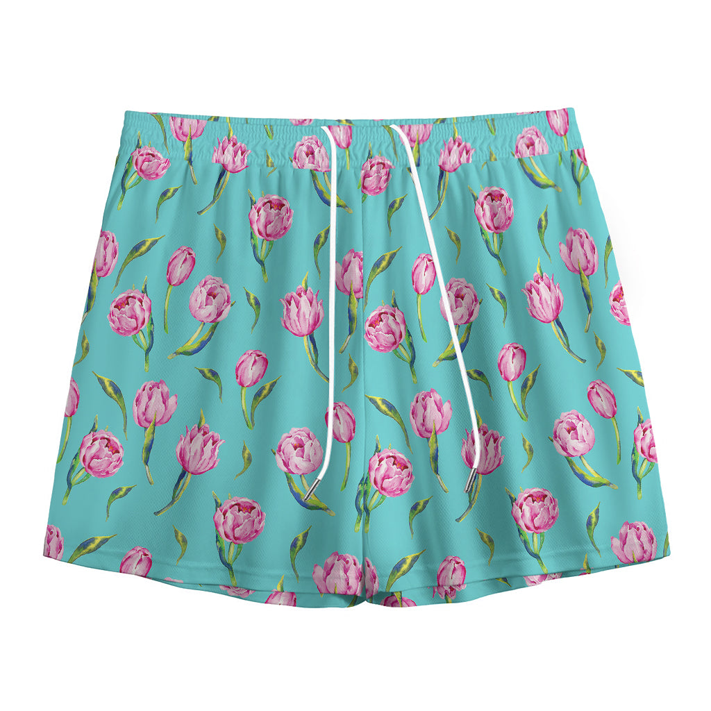 Pink Watercolor Tulip Pattern Print Mesh Shorts