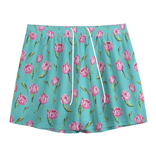 Pink Watercolor Tulip Pattern Print Mesh Shorts