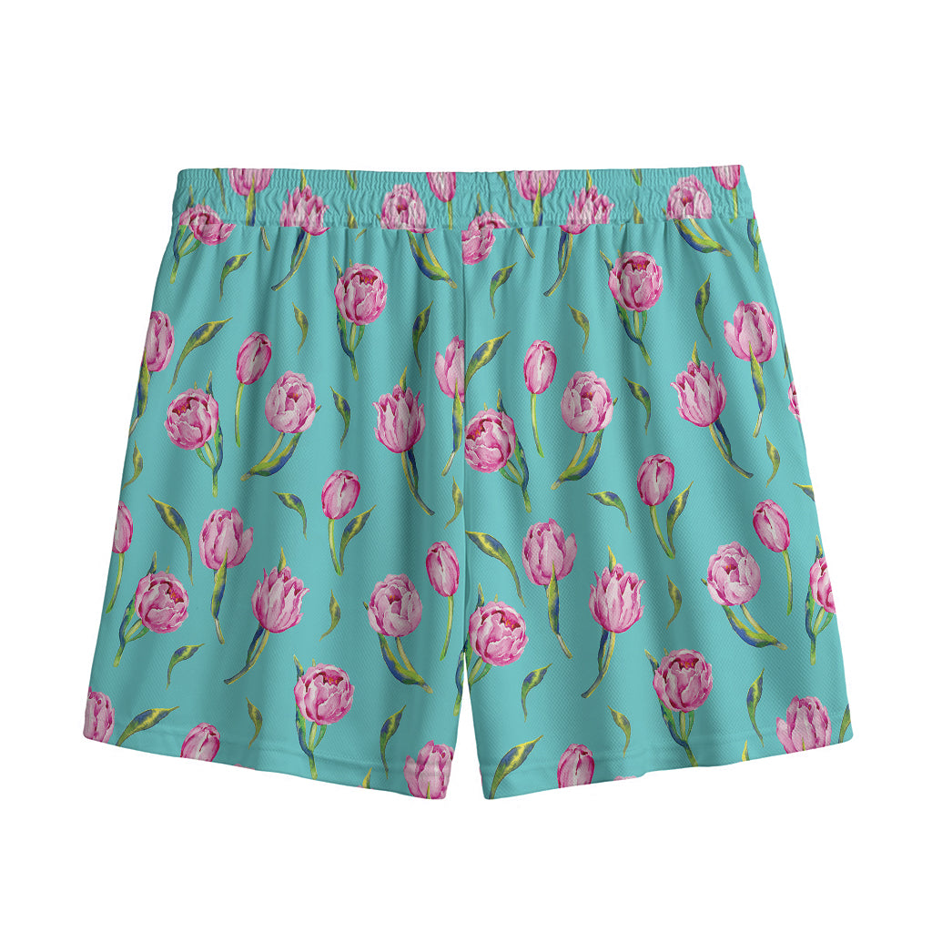 Pink Watercolor Tulip Pattern Print Mesh Shorts