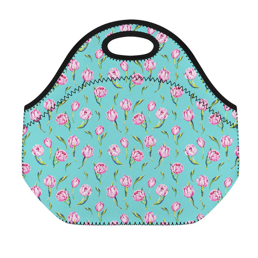 Pink Watercolor Tulip Pattern Print Neoprene Lunch Bag
