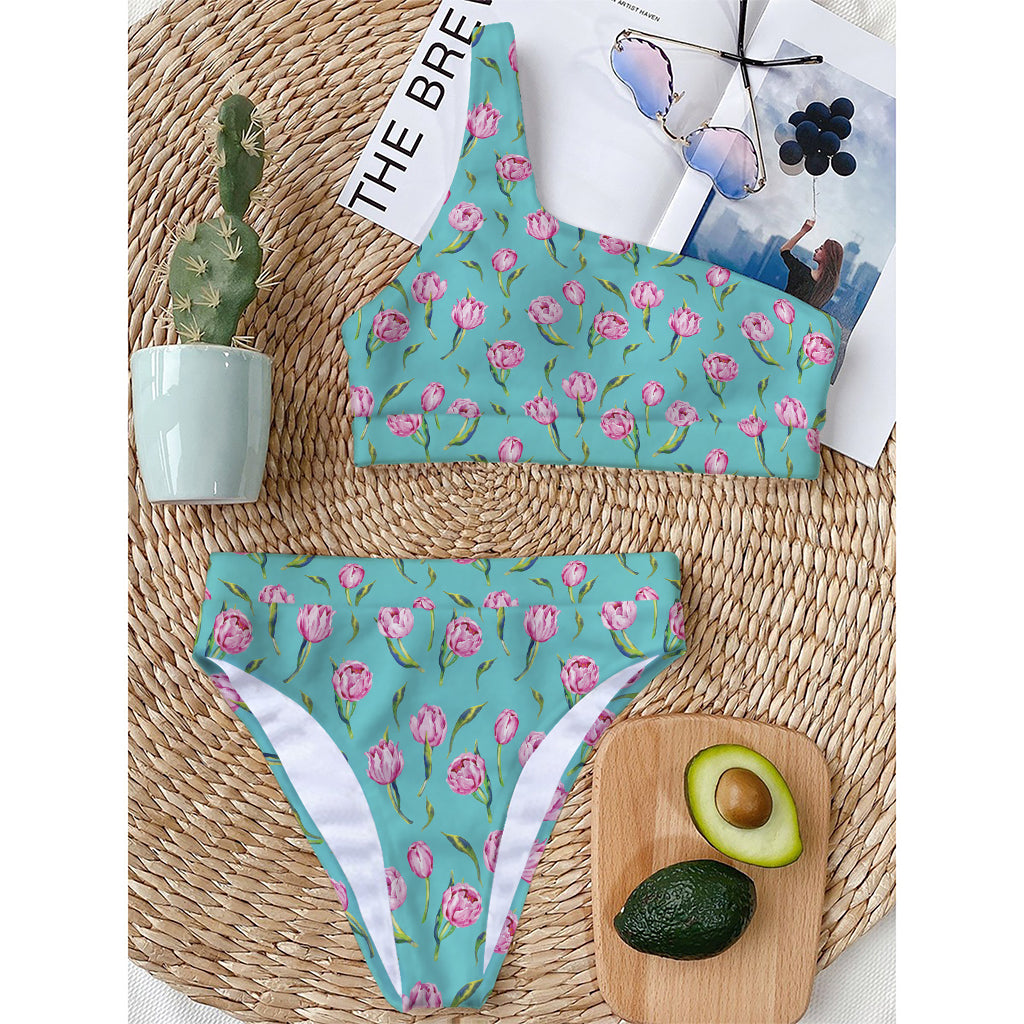 Pink Watercolor Tulip Pattern Print One Shoulder Bikini Top