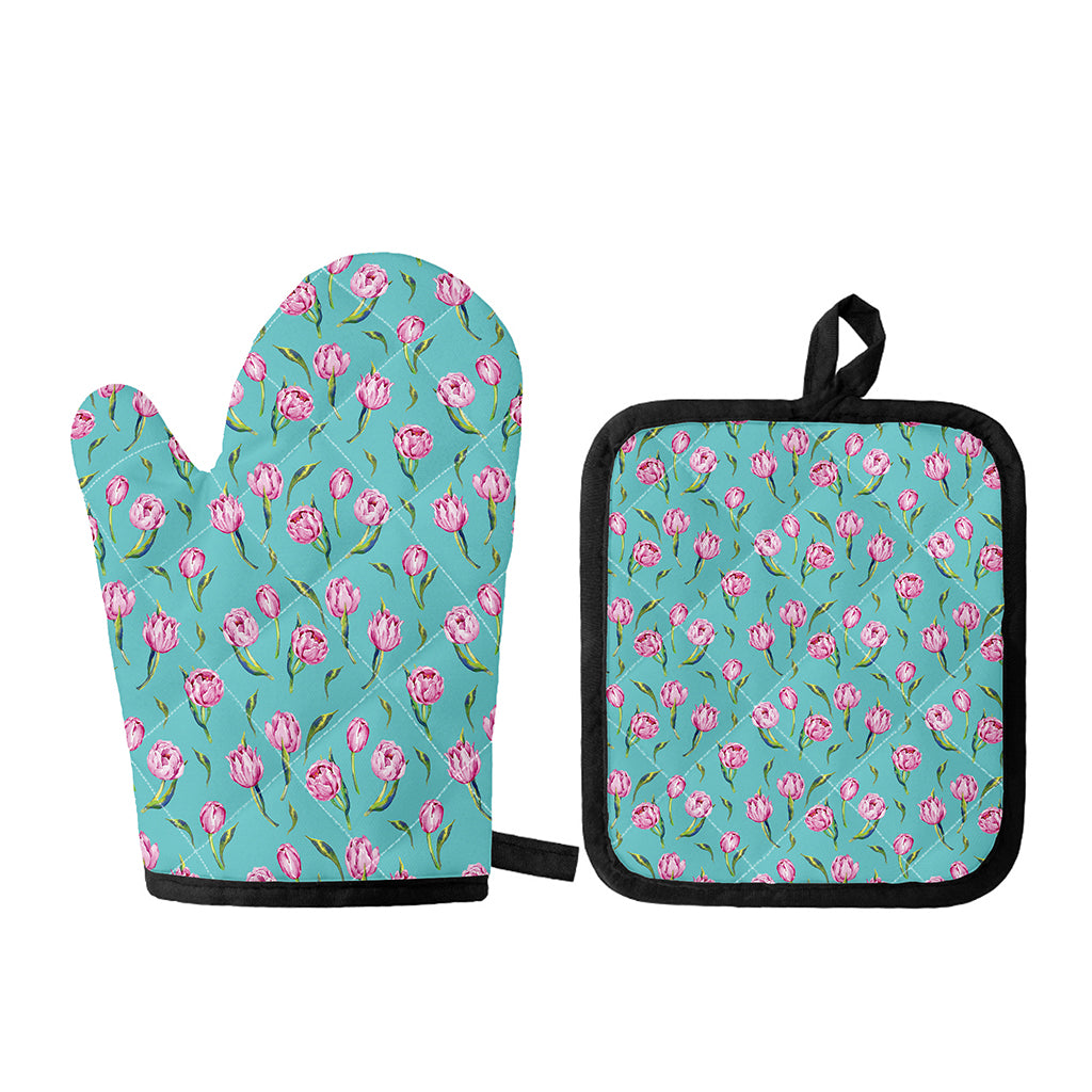 Pink Watercolor Tulip Pattern Print Oven Mitt And Pot Holder Set