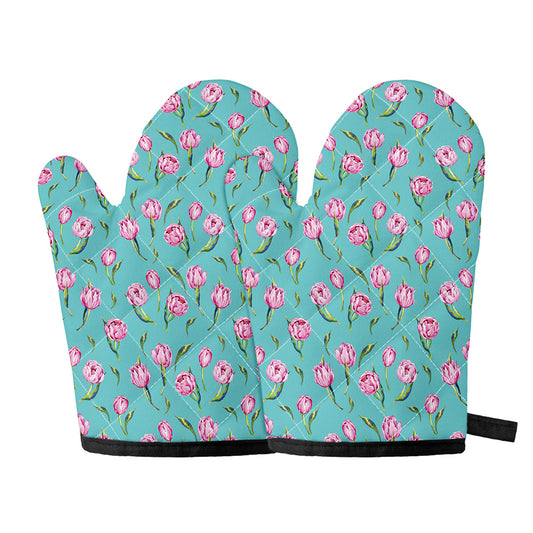 Pink Watercolor Tulip Pattern Print Oven Mitts
