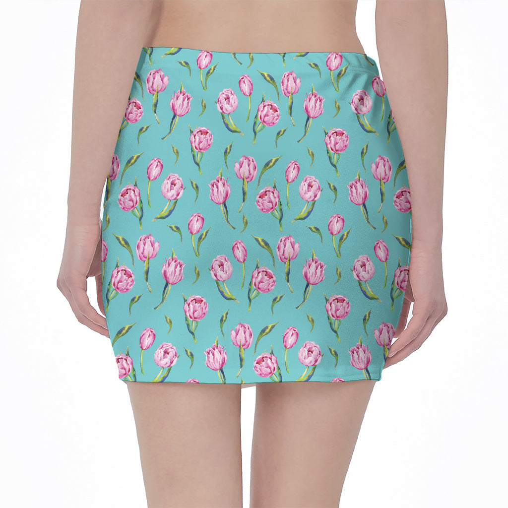 Pink Watercolor Tulip Pattern Print Pencil Mini Skirt