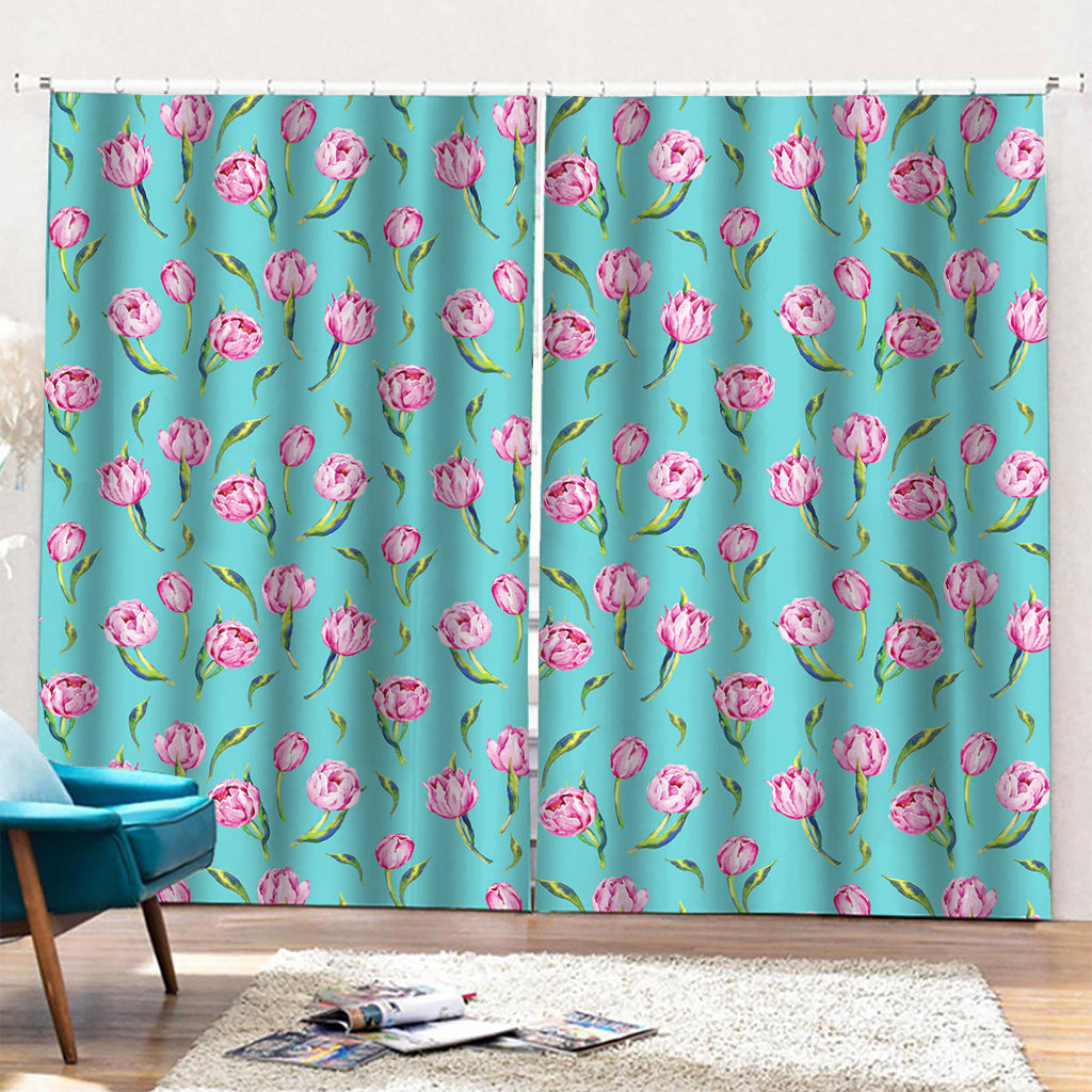 Pink Watercolor Tulip Pattern Print Pencil Pleat Curtains