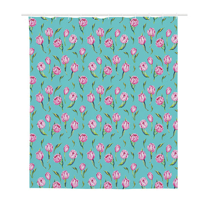 Pink Watercolor Tulip Pattern Print Polyester Shower Curtain