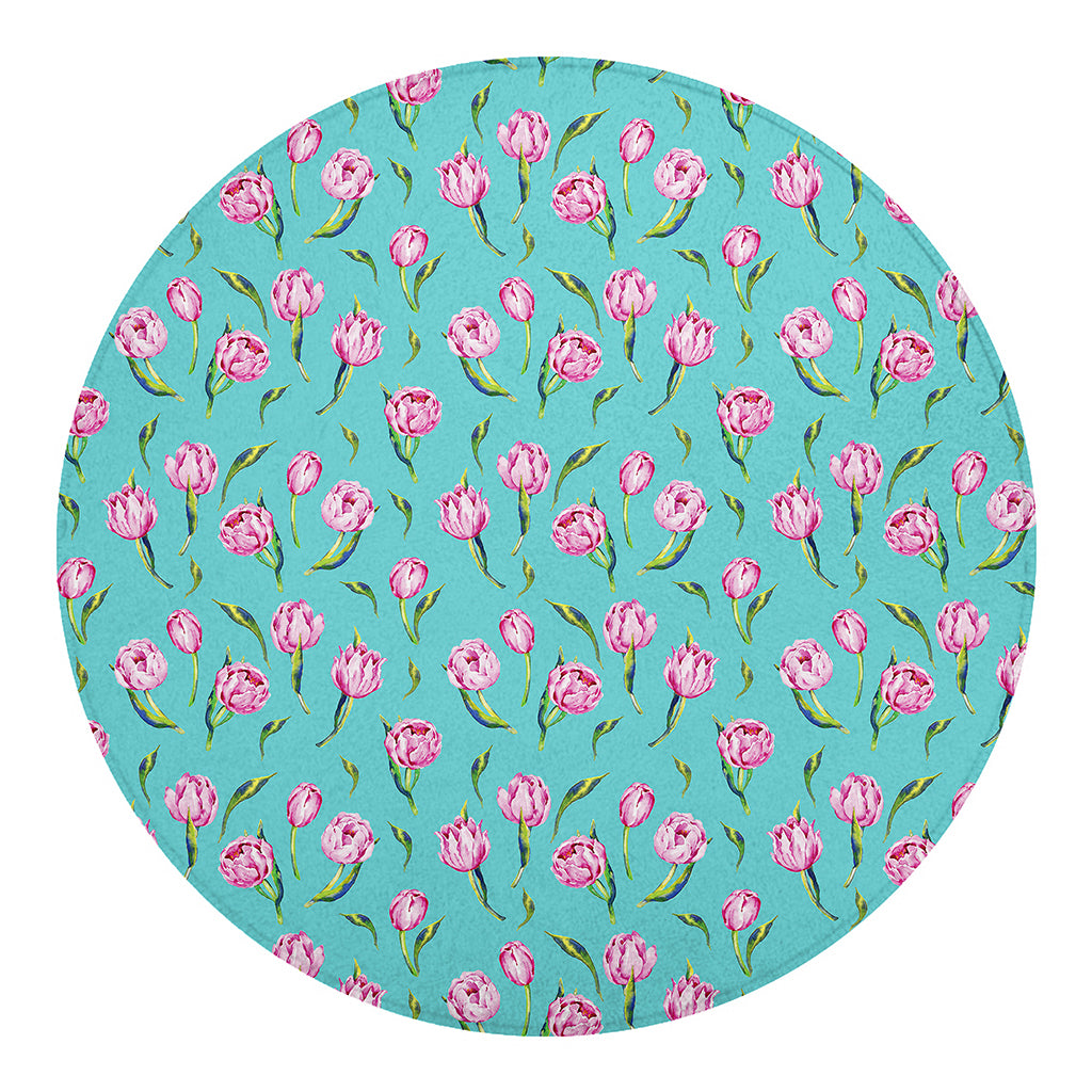 Pink Watercolor Tulip Pattern Print Round Blanket