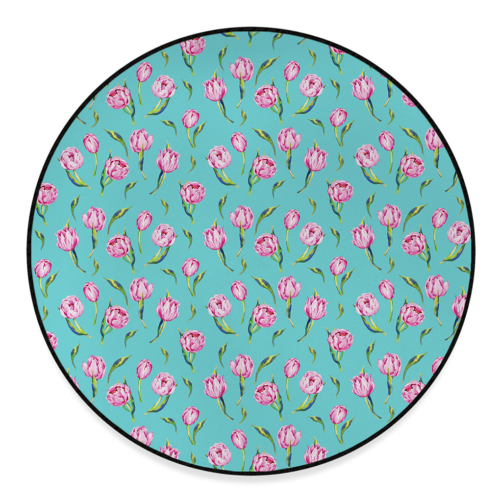 Pink Watercolor Tulip Pattern Print Round Floor Mat
