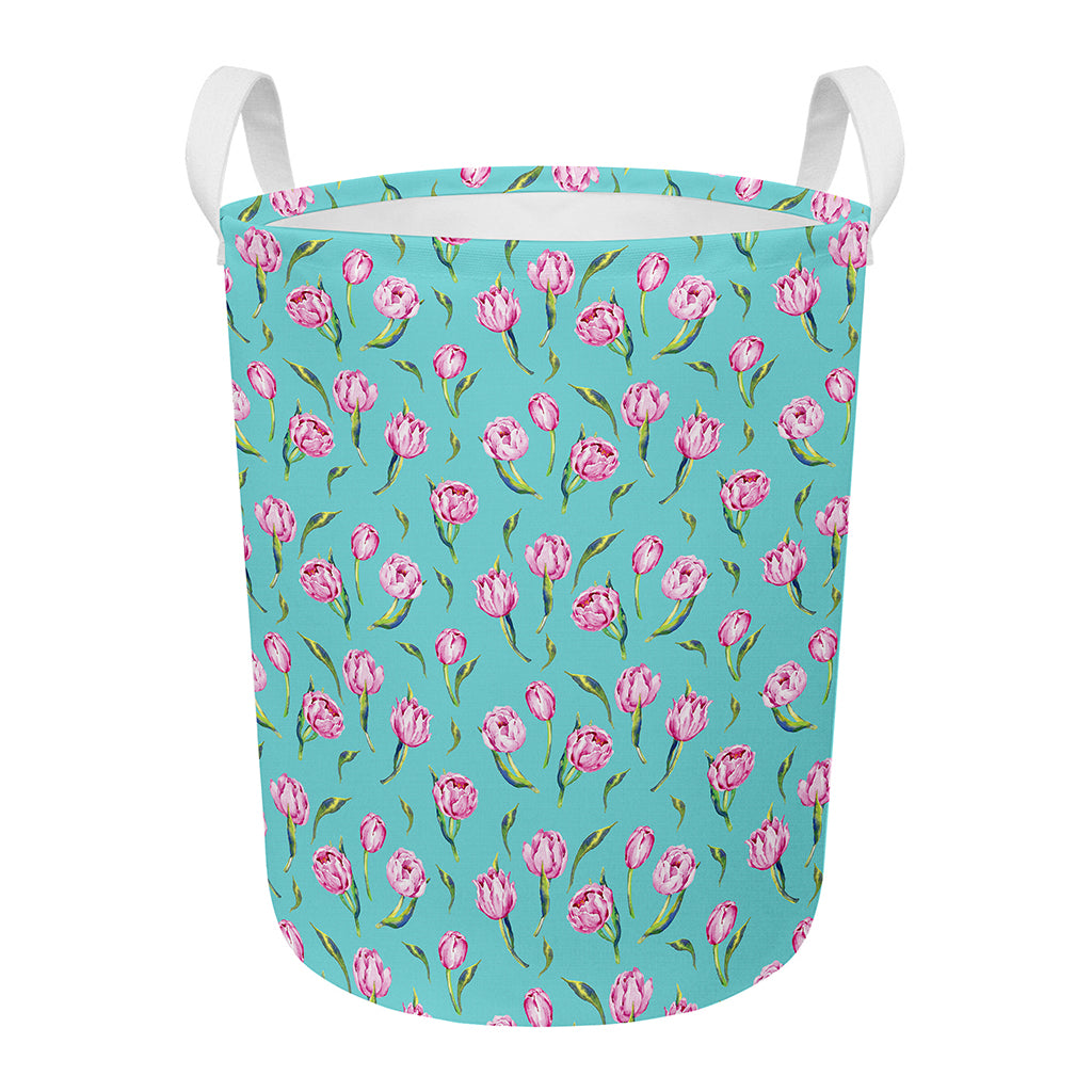 Pink Watercolor Tulip Pattern Print Round Laundry Basket