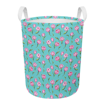 Pink Watercolor Tulip Pattern Print Round Laundry Basket