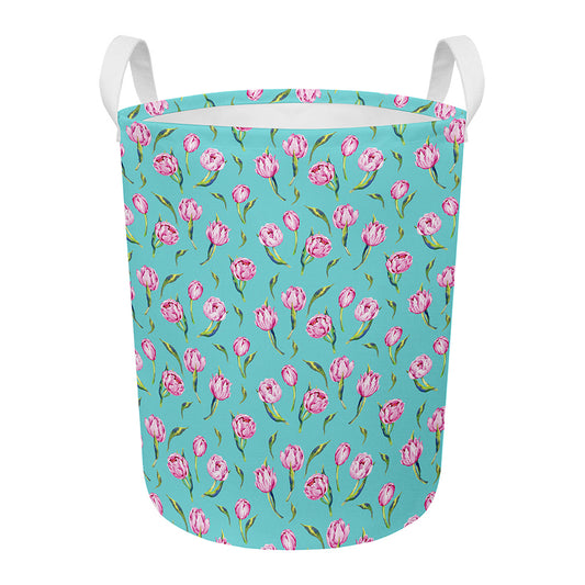 Pink Watercolor Tulip Pattern Print Round Laundry Basket
