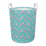 Pink Watercolor Tulip Pattern Print Round Laundry Basket