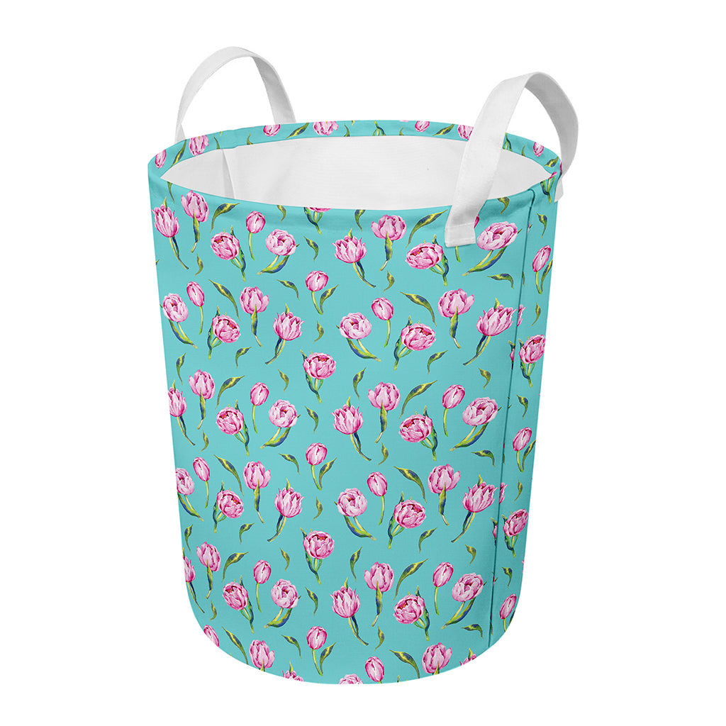 Pink Watercolor Tulip Pattern Print Round Laundry Basket