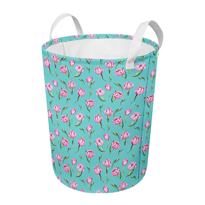 Pink Watercolor Tulip Pattern Print Round Laundry Basket