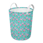Pink Watercolor Tulip Pattern Print Round Laundry Basket