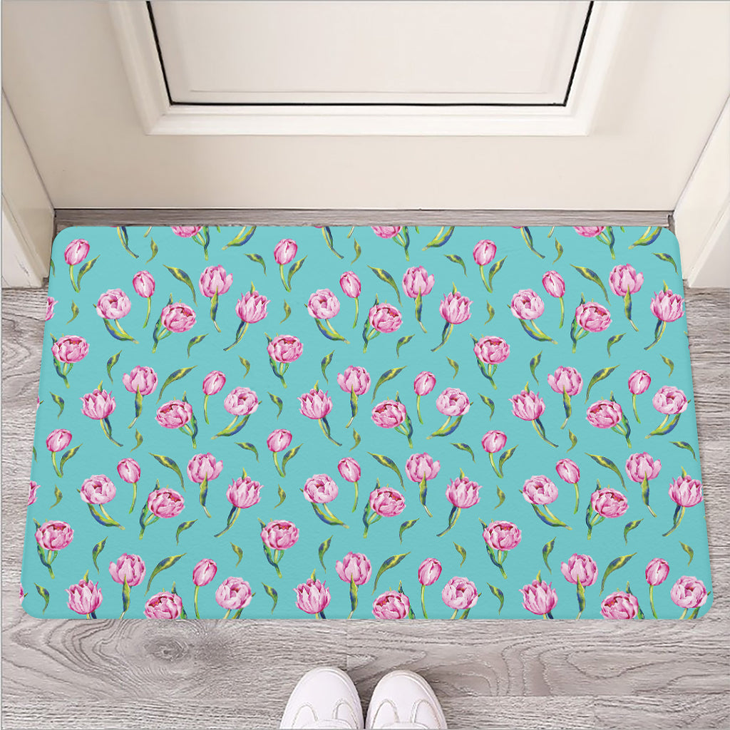 Pink Watercolor Tulip Pattern Print Rubber Doormat