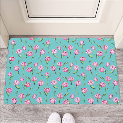 Pink Watercolor Tulip Pattern Print Rubber Doormat
