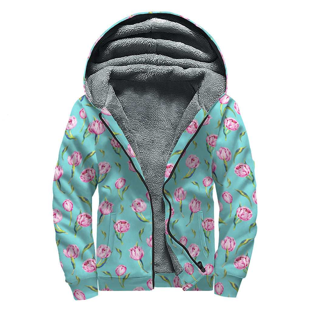 Pink Watercolor Tulip Pattern Print Sherpa Lined Zip Up Hoodie