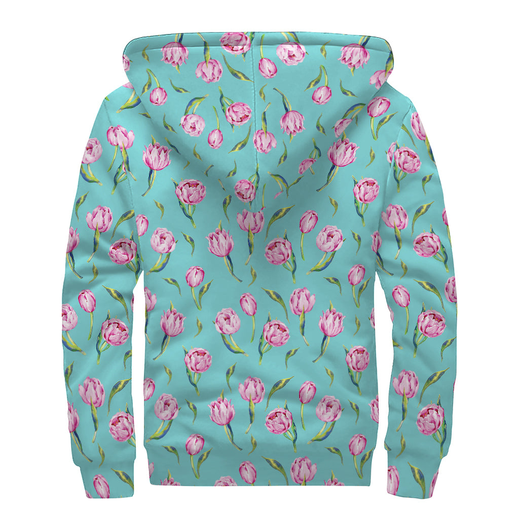 Pink Watercolor Tulip Pattern Print Sherpa Lined Zip Up Hoodie