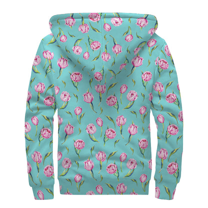 Pink Watercolor Tulip Pattern Print Sherpa Lined Zip Up Hoodie