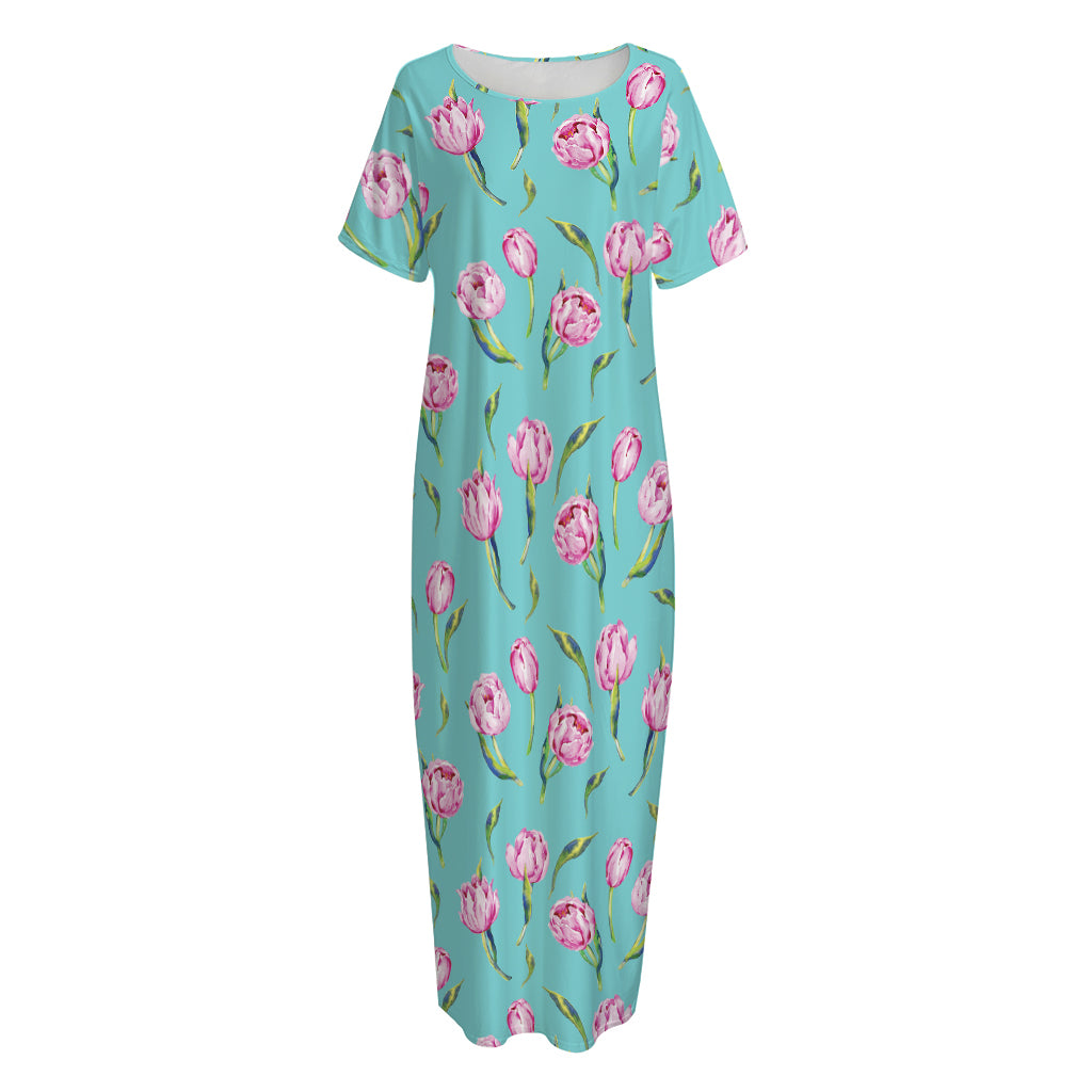 Pink Watercolor Tulip Pattern Print Short Sleeve Long Nightdress